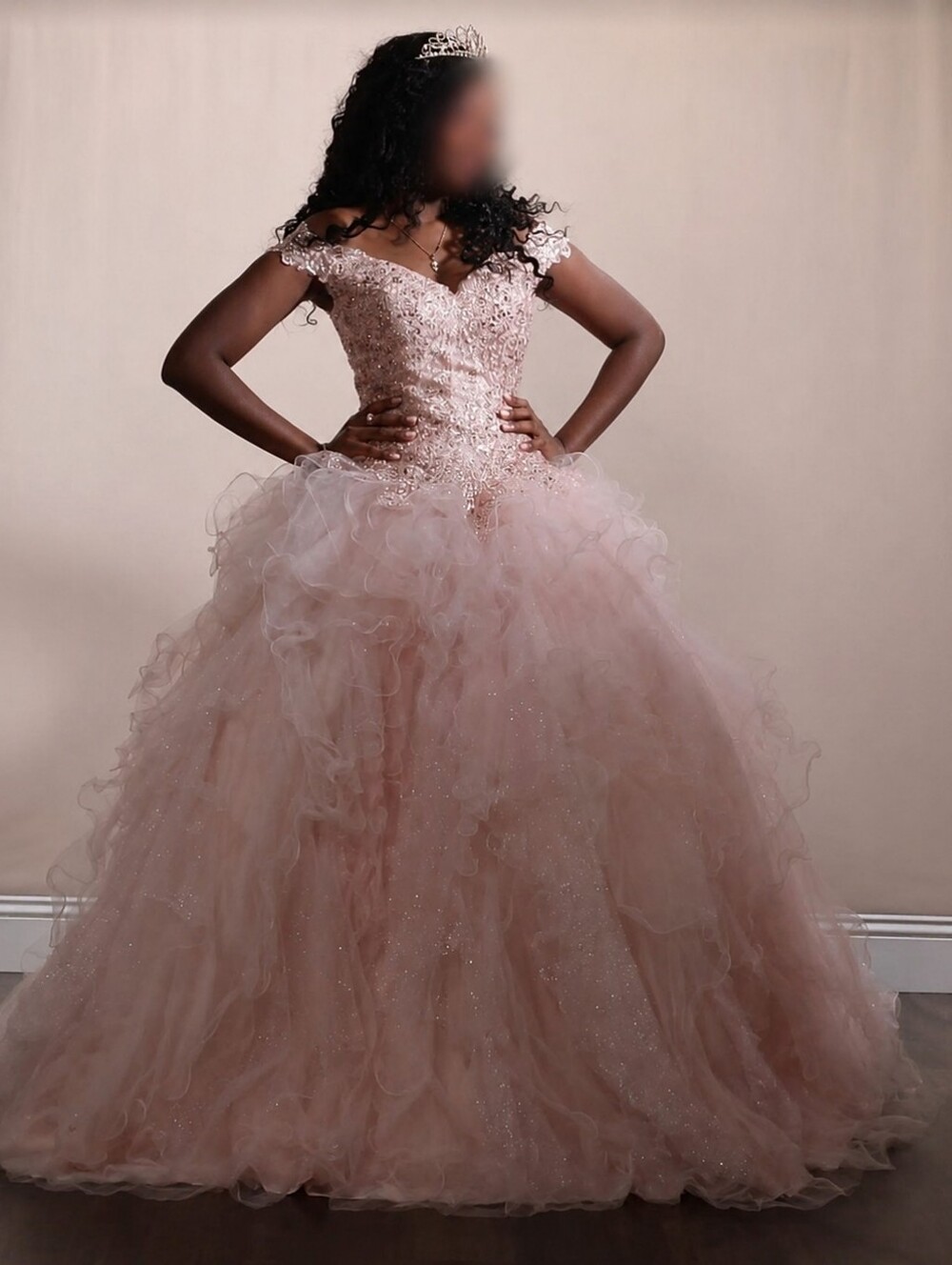 Embellished Blush Off-Shoulder Prom Ball Gown